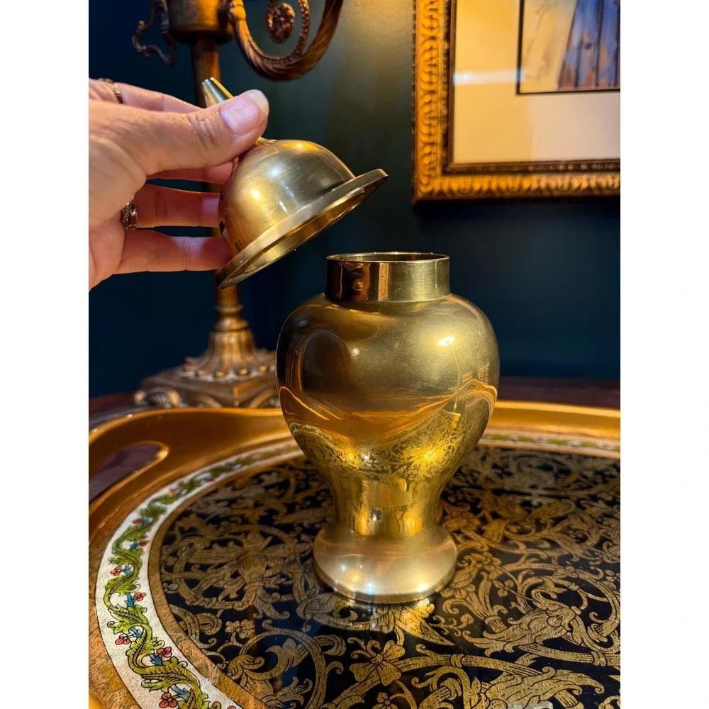Vintage Brass Jar‎ with Lid: Mid-Century Urn-Style Vessel, Made in India